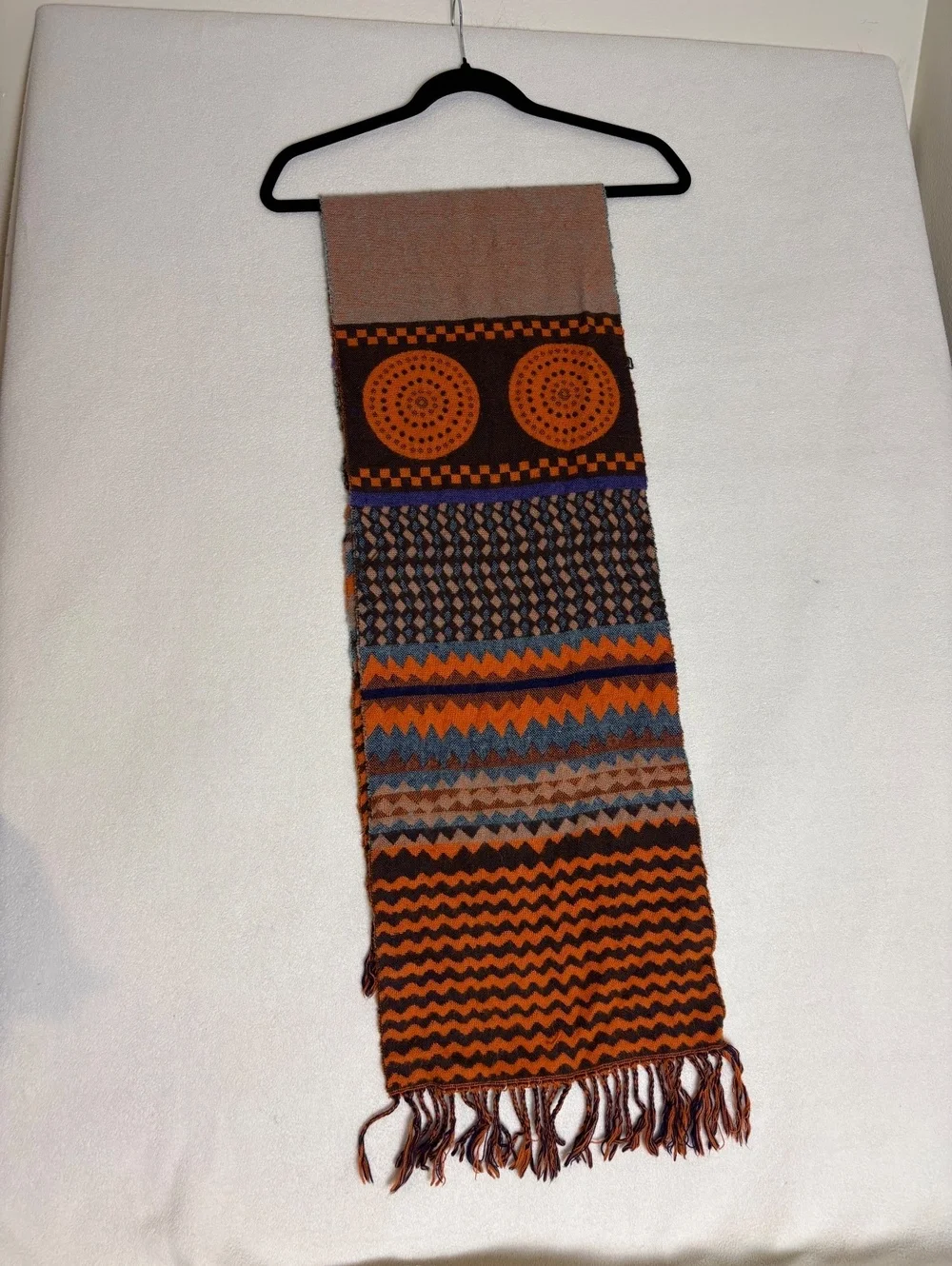 Vintage Patterned Knit Scarf with Fringe